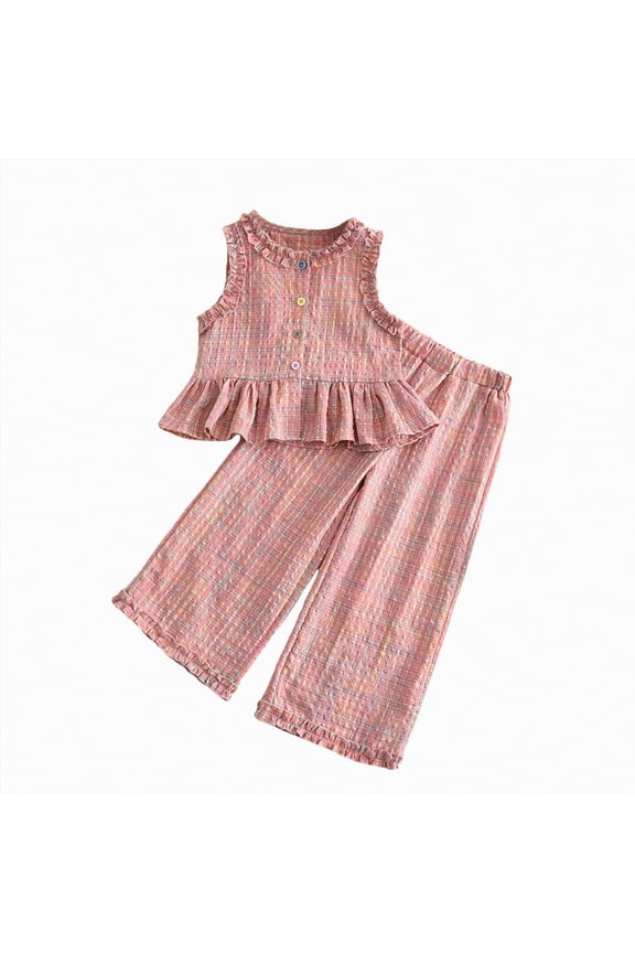 Girls Clothes Sleeveless Ruffle Tops Wide Leg Pants Kids Clothing Set 2 Pieces Summer Outfits(Red,5-6 Years)