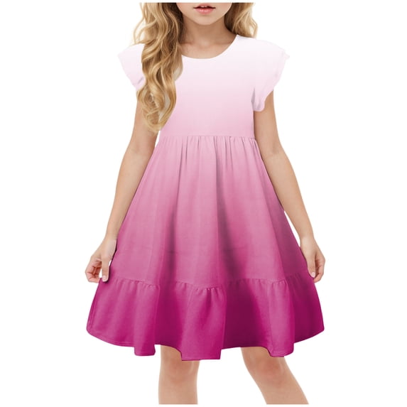 HCNTES Girls Dresses Kids Summer Double Layer Ruffle Sleeve Dress 5 14 Years(11-12 Years,Z0-Hot Pink)