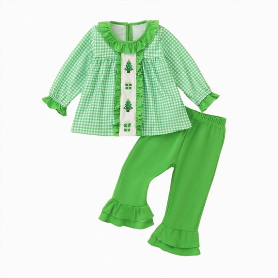 HCNTES Girls Fall Winter Outfits 6 12 18 24 Months 1T 2T 3T 4T Baby Girls Infant Clothing Soft Christmas Plaid Ruffled Set Embroidered Long-Sleeve Top and Solid Flared Pant 2PCS Set