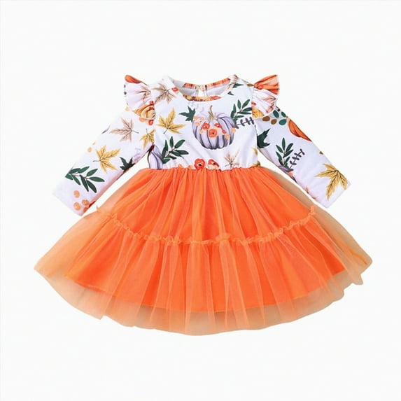 HCNTES Girls Halloween Comfortable and Fashionable Long Sleeve Cute Pumpkin Printed Dress(Orange,2-3 Years)