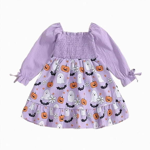 HCNTES Girls Halloween Comfortable and Fashionable Long Sleeve Cute Pumpkin Printed Dress(Purple,2-3 Years)