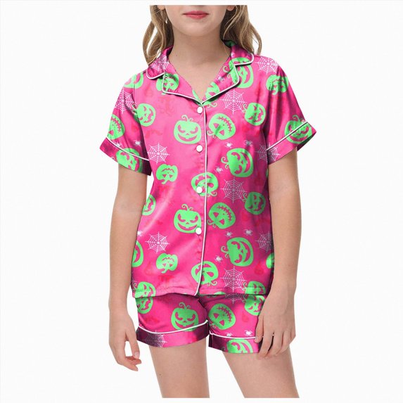 HCNTES Girls Halloween Pajamas Girls Halloween Pajamas 2 Piece Pumpkin Ghost Sleepwear Short Sleeve Jammies for Kids Button-Down Nightwear Girl Pjs