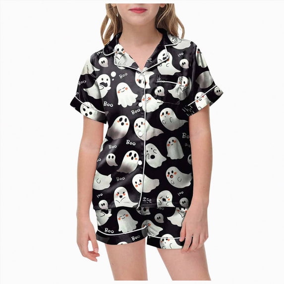 HCNTES Girls Halloween Pajamas Halloween Girl Pajamas Short Sleeve Button Down Pjs With Shorts Kids Toddler Sleepwear Pumpkin Ghost Print Loungewear Girl Pajama