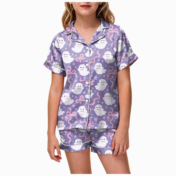 HCNTES Girls Halloween Pajamas Halloween Girls Pajamas Pumpkin Ghost Print Short Sleeve 2 Piece Button Down PJs for Toddler Kids Soft Sleepwear Little Girl Pajamas