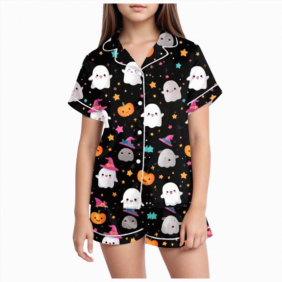 HCNTES Girls Halloween Pajamas Halloween Pajamas Kids Girls Satin Pajama Set Halloween Pumpkin Ghost Print Shirts and Shorts Short Sleeve Button Soft 2 Piece Outfits