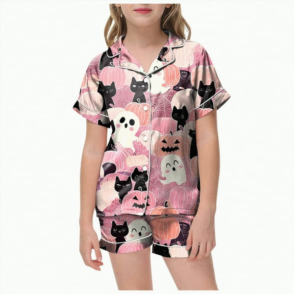 HCNTES Girls Halloween Sets Collered Short Sleeve Elastic Waisted Shorts Outfits Funny Pumpkin Loungewear(Grey&2,2-3 Years)