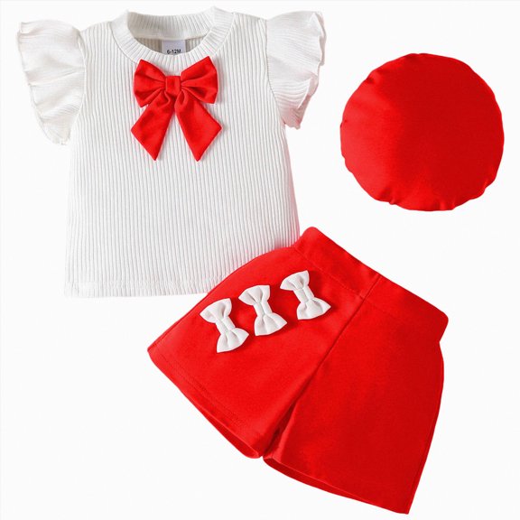 HCNTES Girls Kids 3-Piece Adorable Shorts Set with Comfortable Ruffle Short Sleeve Top Elastic Casual Shorts and Soft Beret for Daily Leisure Wear(A-Red,3-4 Years)