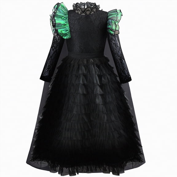 HCNTES Girls Kids Ruffled Witch Dress With Hat Cape Glasses & Bracelet Outfit(Black&4,6-8 Years)