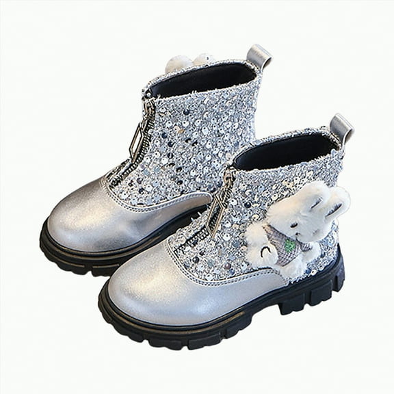 HCNTES Girls Lace Up Side Zipper Vegan Leather Lug Sole Combat Boots(2,Silver_g2)