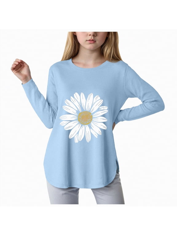 Girls Long Sleeve T Shirts 10-12 Crewneck Fall Tee for Girls Trendy Basic Top for Girls Cotton Striped Colorblock Girls Sweatshirts(Sky Blue,9-10 Years)