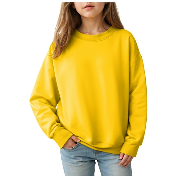HCNTES Girls Long Sleeved Drop Shoulder Sweatshirt Comfortable Warm Fashionable Solid Color Girls Hoodless Sweatshirt(18-24 Months,G234-Yellow)