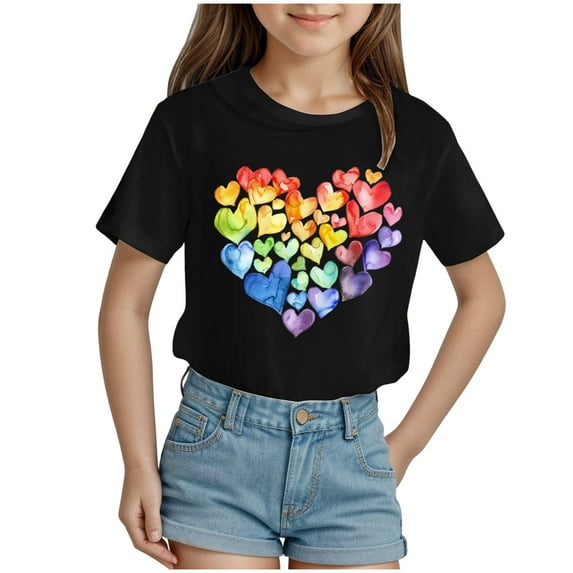 HCNTES Girls Shirts Girls Cotton T Shirts Kids Crew Neck Tee Tops Summer Short Sleeve Tshirts for Teen Girls,9-10 Years Black