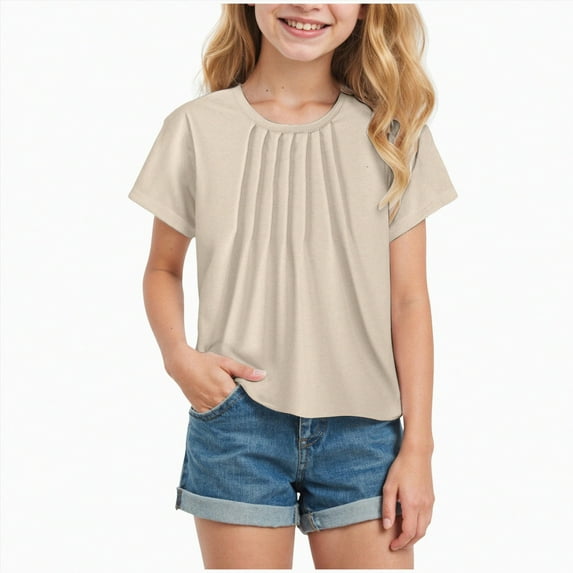 HCNTES Girls Short Sleeve T Shirts Kids Summer Fashion Crewneck Tops(13-14 Years,Khaki)