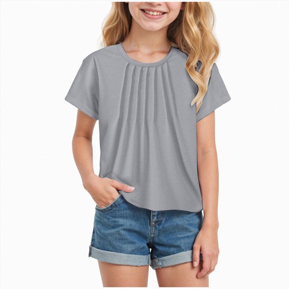 HCNTES Girls Short Sleeve T Shirts Kids Summer Fashion Crewneck Tops(7-8 Years,Grey)