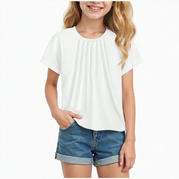 HCNTES Girls Short Sleeve T Shirts Kids Summer Fashion Crewneck Tops(9-10 Years,White)