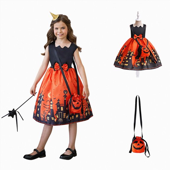 HCNTES Girls Skirt Comfortable Soft Fashion Halloween Print Children Prom Performance Dress(Orange,3-4 Years)