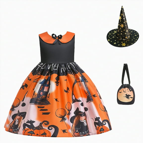 HCNTES Girls Skirt Comfortable Soft Fashion Halloween Print Children Prom Performance Dress(Orange,5-6 Years)