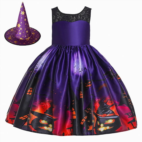 HCNTES Girls Skirt Comfortable Soft Fashion Halloween Print Children Prom Performance Dress(Purple,3-4 Years)