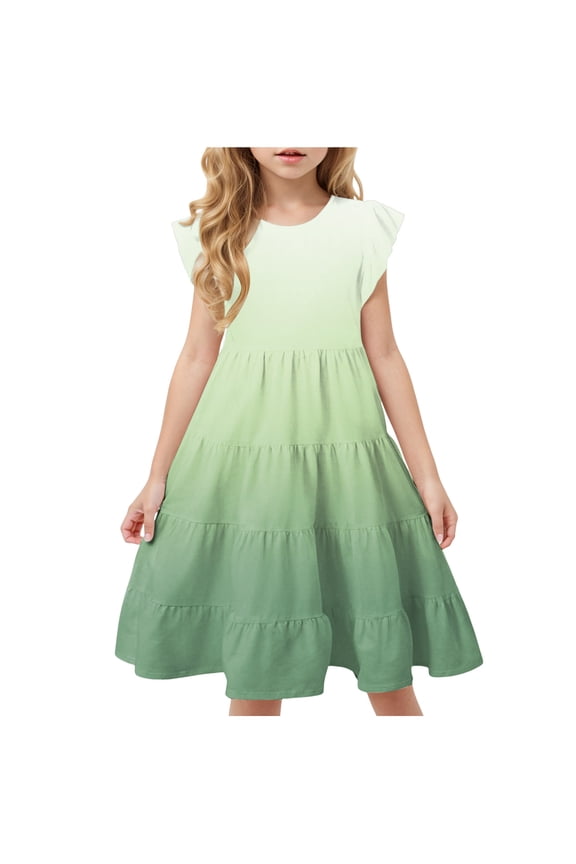 Girls Summer Boho Sun Dress Flutter Sleeve Tween Ruffles Tiered Dresses Flowy A Line Size 6 15 Years(10-11 Years,1Z-Green)