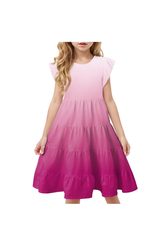 Girls Summer Boho Sun Dress Flutter Sleeve Tween Ruffles Tiered Dresses Flowy A Line Size 6 15 Years(10-11 Years,1Z-Hot Pink)