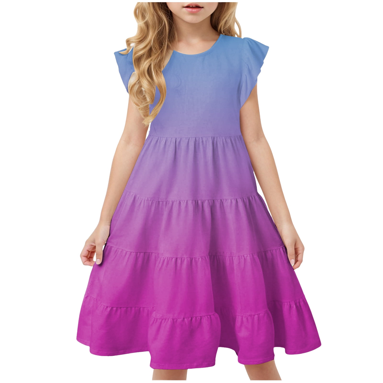 HCNTES Girls Summer Boho Sun Dress Flutter Sleeve Tween Ruffles Tiered ...