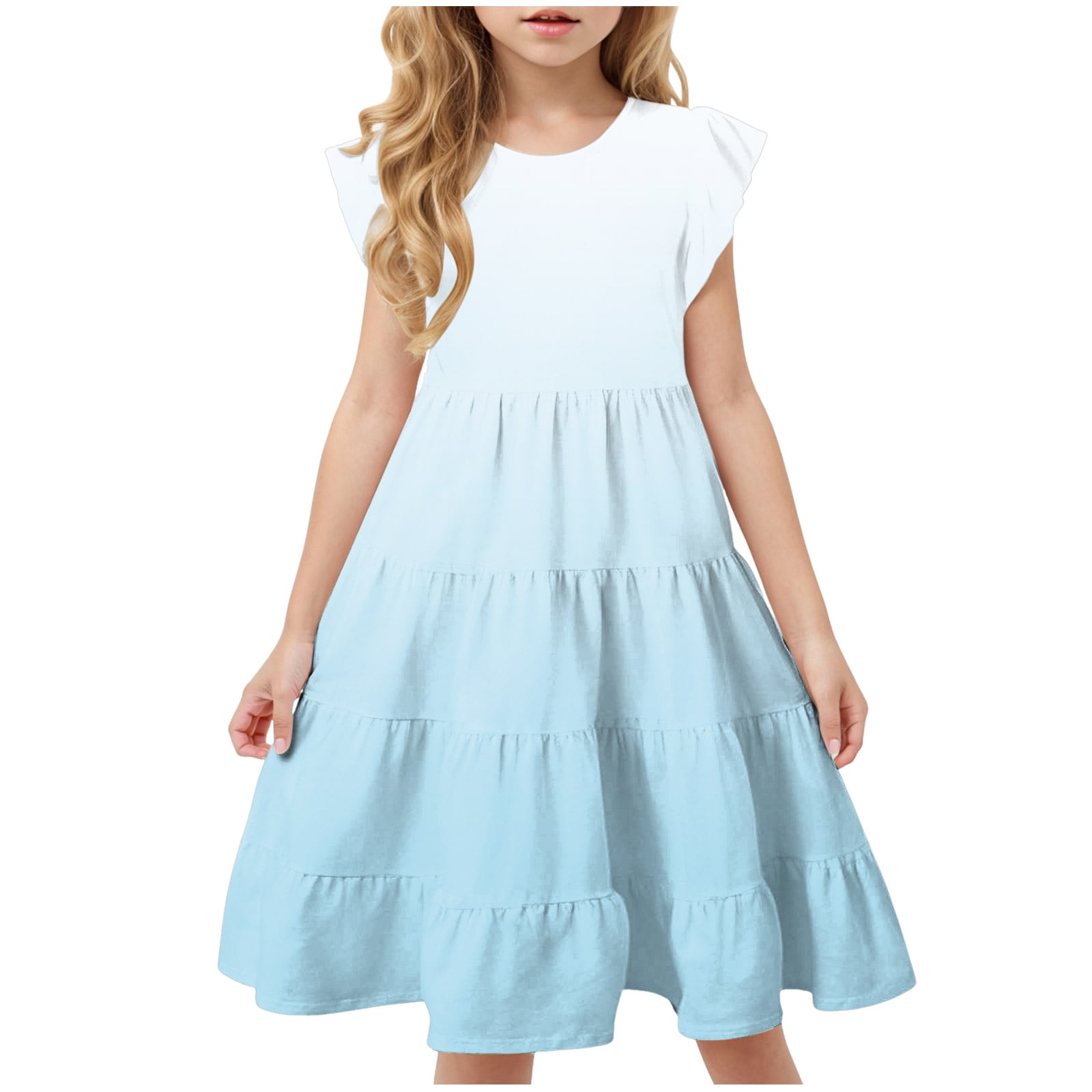 Girls Summer Boho Sun Dress Flutter Sleeve Tween Ruffles Tiered Dresses Flowy A Line Size 6 15 Years(8-9 Years,1Z-Blue)