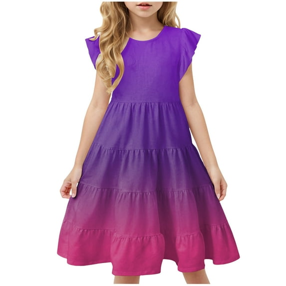 HCNTES Girls Summer Boho Sun Dress Flutter Sleeve Tween Ruffles Tiered Dresses Flowy A Line Size 6 15 Years(8-9 Years,1Z-Dark Purple)