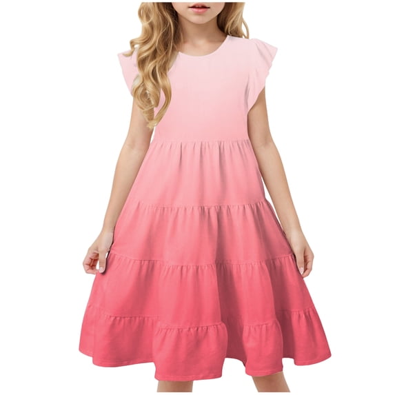 HCNTES Girls Summer Boho Sun Dress Flutter Sleeve Tween Ruffles Tiered Dresses Flowy A Line Size 6 15 Years(8-9 Years,1Z-Pink)