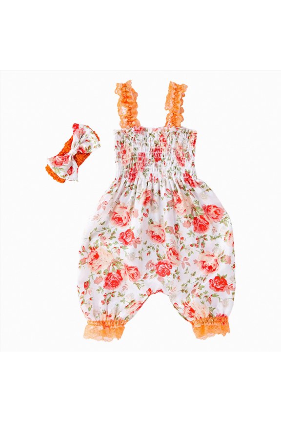 Girls Summer Outfit Lace Trim Floral Print Romper & Bow 2 Piece Set for Playdates