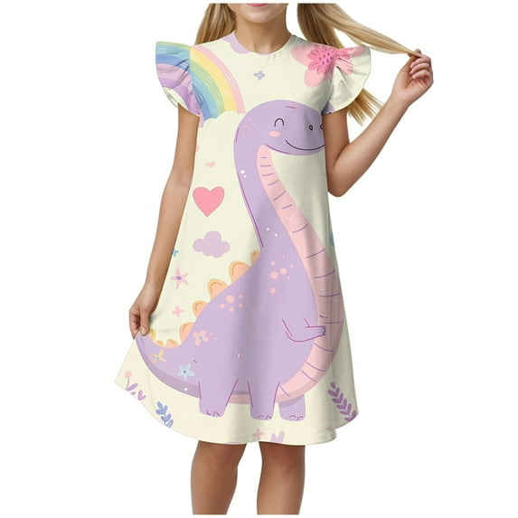 HCNTES Girls Summer Solid Color Fly Sleeved Casual Dress Nightdress 5-6 Years Beige