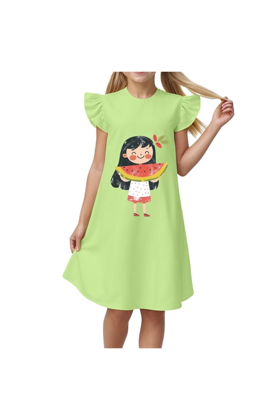 Girls Summer Solid Color Fly Sleeved Casual Dress Nightdress 5-6 Years Green