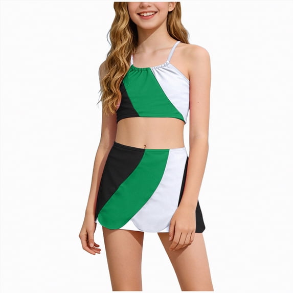 HCNTES Girls Swimsuit Solid Color Tankini Contrast Trim Swimwear 2 Piece Bathing Suit Padded Swimsuits for Teens(Green,4-5 Years)