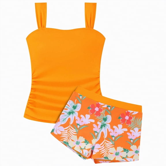 HCNTES Girls Swimsuits Two Piece Tankini Sets Ruffle Bathing Suit with Chest Pad Size 6-15 Years(Orange,11-12 Y)