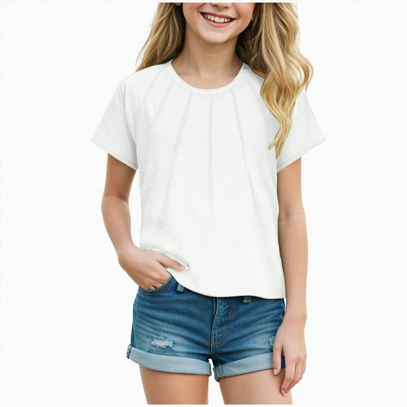 HCNTES Girls T Shirts Kids Summer Short Sleeve Fashion Tops Tees 5 14 Years(7-8 Years,White)
