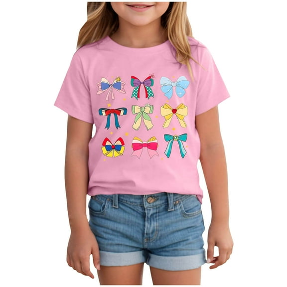 HCNTES Girls T Shirts Magical Bow Blouse Short Sleeve Loose Basic Shirt Girl Holiday Vacation Tee Tops(13-14 Years,Pink)