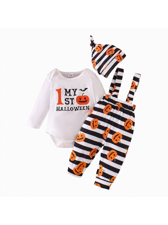 Halloween Boy Clothes My First Halloween Baby Boy Outfit Long Sleeve Pumpkin Romper Pants Set with Beanie Hat Boy Fall Clothes