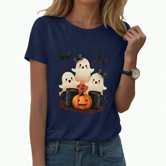 HCNTES Halloween Graphic Tee for Women Short Sleeve Casual T-Shirt Ladies October Top Comfortable Printed Shirt Fall Fashion(S,A356-Navy)