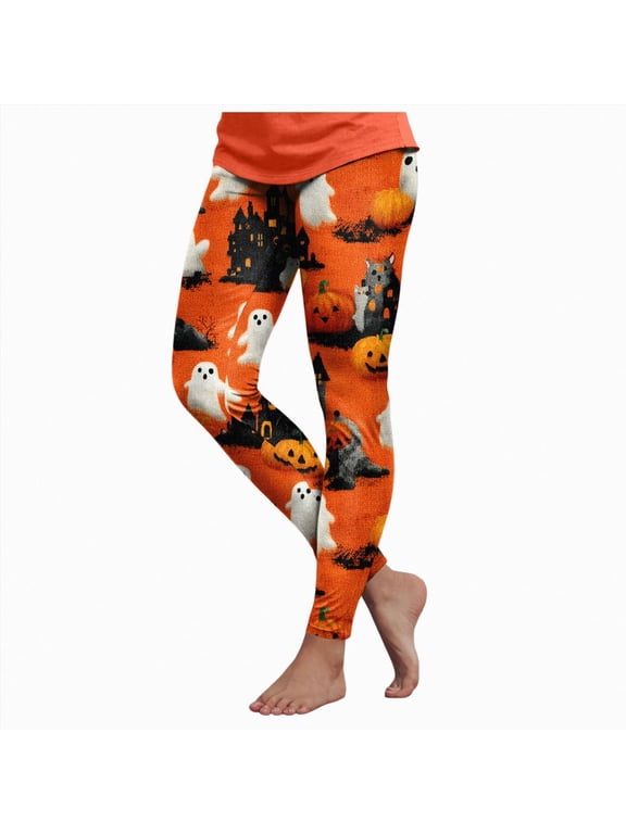 Halloween Leggings for Women Pumpkin Skeleton Witch Ghost Printed Tights High Waisted Soft Stretchy Yoga Pants (1-Orange,L)