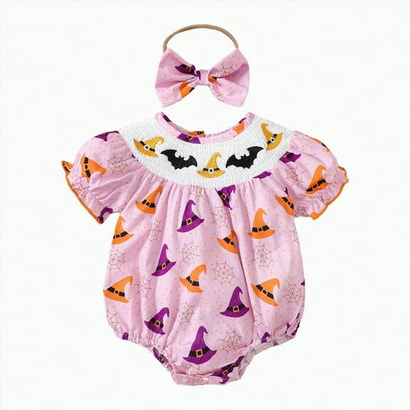 HCNTES Halloween Outfits for Baby Girls Bubble Rompers Toddler Bodysuits Cute Pumpkin Jumpsuits Halloween Clothes(0-3 Months,Z78-Purple)