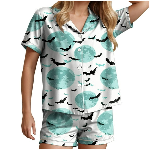 HCNTES Halloween Pajama Halloween Shorts Matching Shirts Cute Funny Fall Pumpkin Skull Ghost Pajamas Clothes for Women(T134-White,L)
