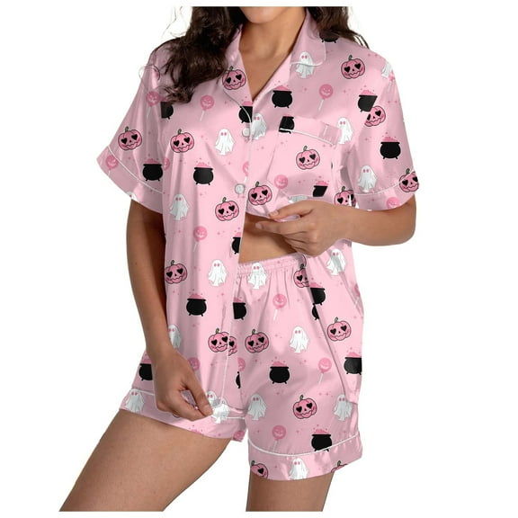 HCNTES Halloween Pajama Set for Women Graphic Button Up Sleepwears Ladies Ctue 2 Piece Top and Shorts Pjs Sets(T18-Pink,XL)
