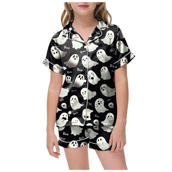 HCNTES Halloween Pajamas Girl Silk Pajamas Button Up Shirt and Shorts Satin Pajama Set 2 Piece Loungewear Sleepwear(12-13 Years,N234-Black)