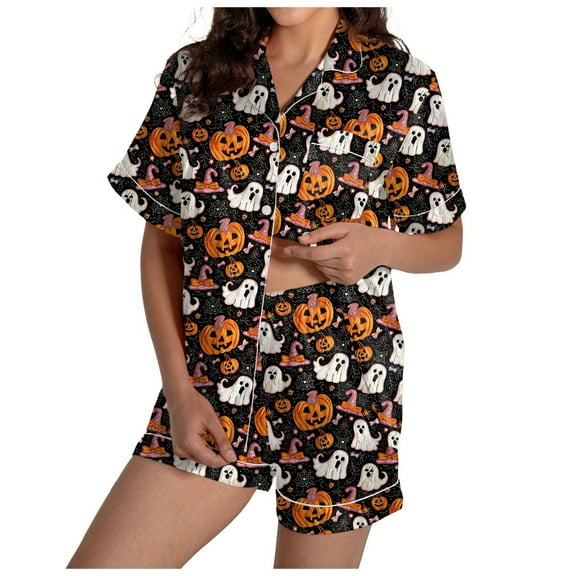 HCNTES Halloween Pajamas Women Fall Costume Button Up Sleepwears Loungewear Ctue 2 Piece Top and Shorts Pjs Sets(T213-Orange,XXL)
