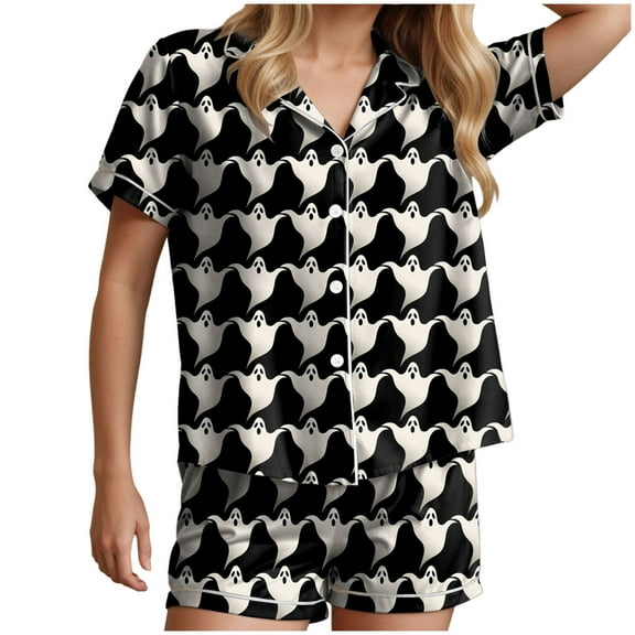 HCNTES Halloween Pajamas Women Satin Silk Button Up Shirt And Shorts Pjs Sets 2 Piece Loungewear Sets Soft Sleepwear(T6-Black,M)
