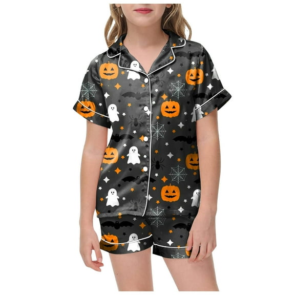 HCNTES Halloween Pajamas for Girl Short Front Button Sleeve Shorts Collared Funny Pumpkin Bat Graphic Pj Sets Lounge Sleepsuit(12-13 Years,N334-Grey)