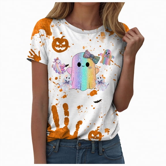 HCNTES Halloween Shirt Floral Ghost Halloween Girls Women T-Shirt(XXL,A397-Orange)