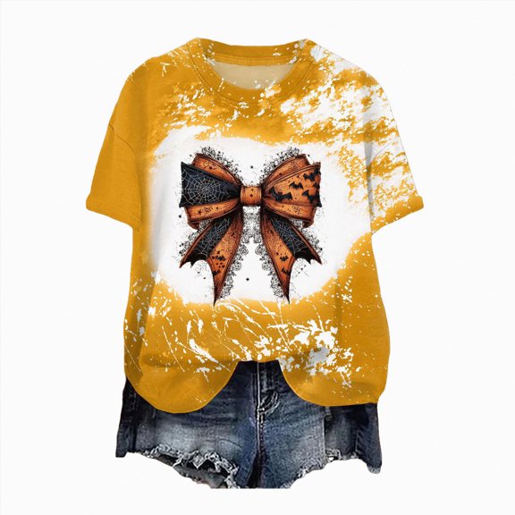 HCNTES Halloween Shirt Women Spooky Pumpkin Graphic Shirts Funny Halloween Dog Ghost Graphic Short Sleeve Tee Tops(L,A265-Yellow)