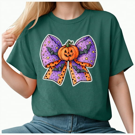 HCNTES Halloween Shirt for Women Fall Spooky Season Doodle Graphic Short Sleeve Autumn Tops Blouse(M,A223-Dark Green)