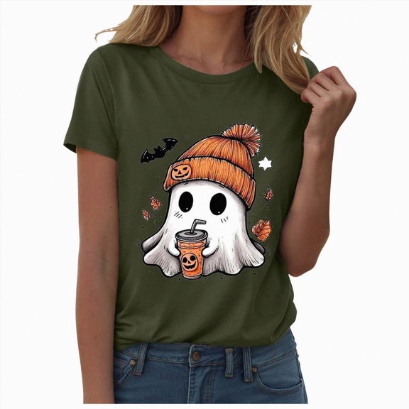 HCNTES Halloween Shirts Pumpkin Shirt Women: Cute Ghost Shirt Casual Fall Halloween Spooky Season Graphic Short Sleeve Tee Tops(S,A129-AG)