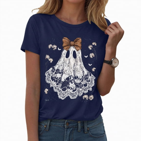 HCNTES Halloween Shirts Pumpkin Shirt Women: Cute Ghost Shirt Casual Fall Halloween Spooky Season Graphic Short Sleeve Tee Tops(XXL,A167-Navy)